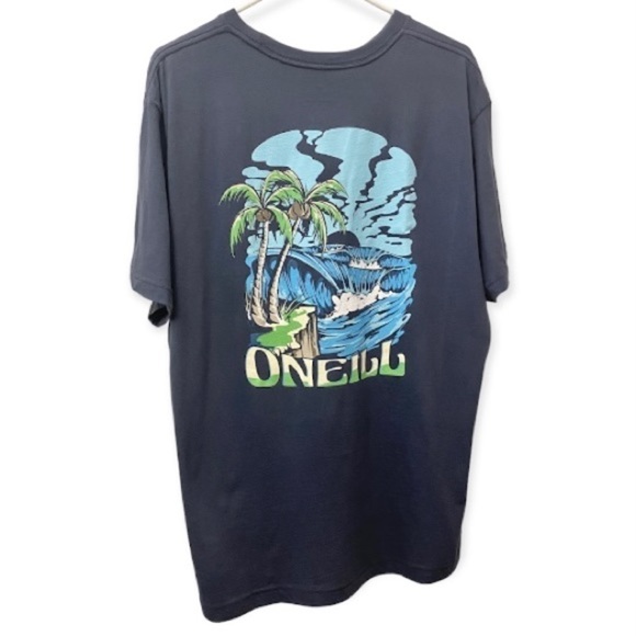 O’Neill NWT T Shirt Tropical Surf Coconut Palm Trees Waves Beach Gray Blue New - Picture 1 of 8